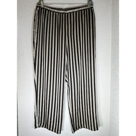 Vince Camuto Wide Leg Pull On Pants Trouser Womens L Black Taupe Stripe Pockets - Picture 1 of 12